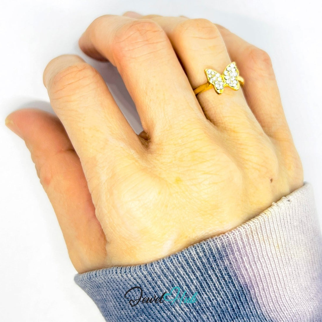 Zinc Alloy Ring Gold Butterfly Pavé Zirconia - UK M / US 6.5 - JewelHub.co.uk