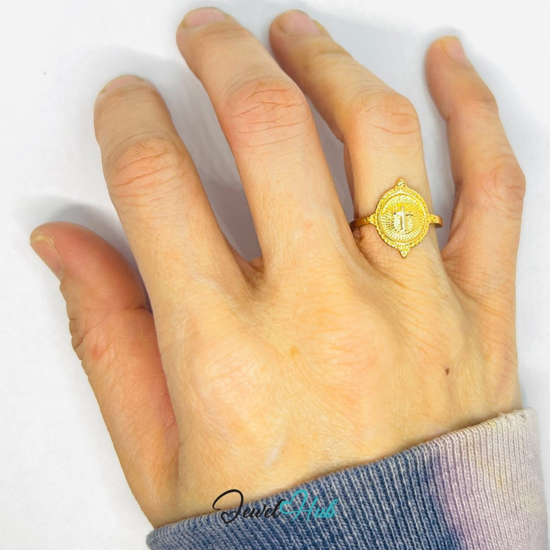 Zinc Alloy Ring Gold Cross Medallion Engraved - UK M / US 6.5 - JewelHub.co.uk
