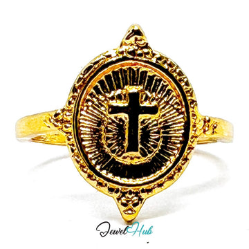 Zinc Alloy Ring Gold Cross Medallion Engraved - UK M / US 6.5 - JewelHub.co.uk