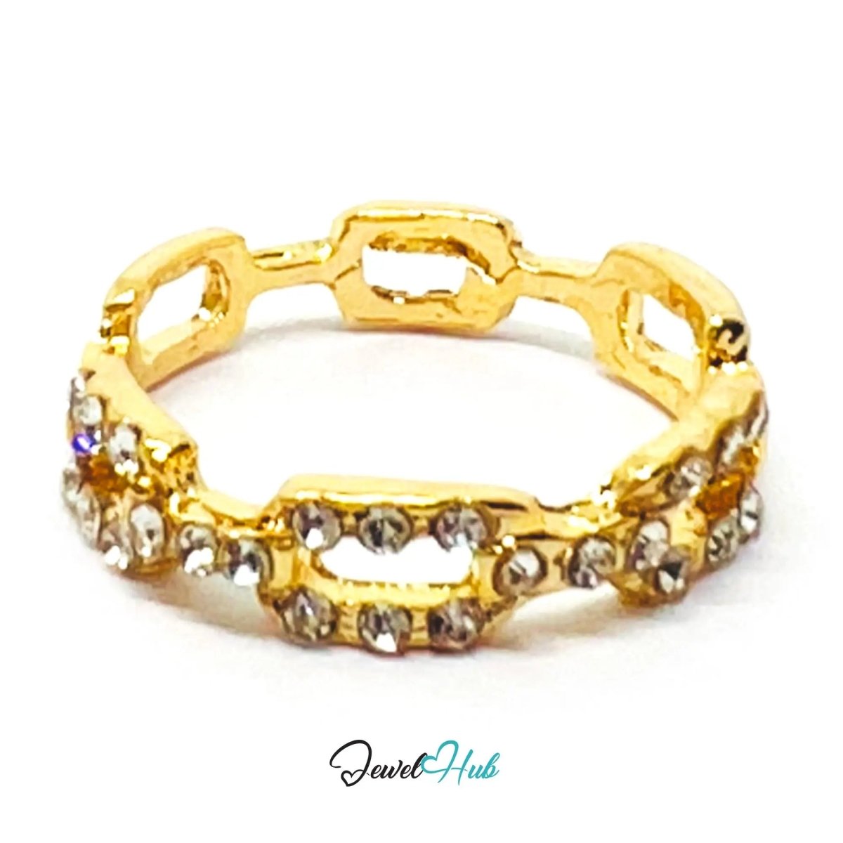 Zinc Alloy Ring ◻️ Gold Cutout Rectangle · UK P · US 8 · Geometric Motif · Sparkling Accents - JewelHub.co.uk