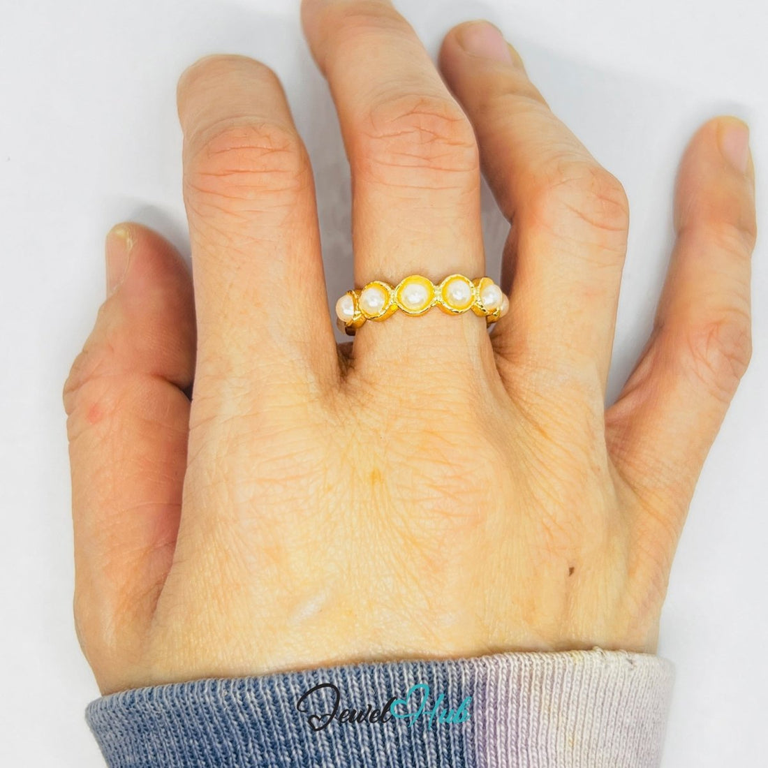 Zinc Alloy Ring Gold Orbit Pearl Eternity - UK M / US 6.5 Gold Plated - JewelHub.co.uk