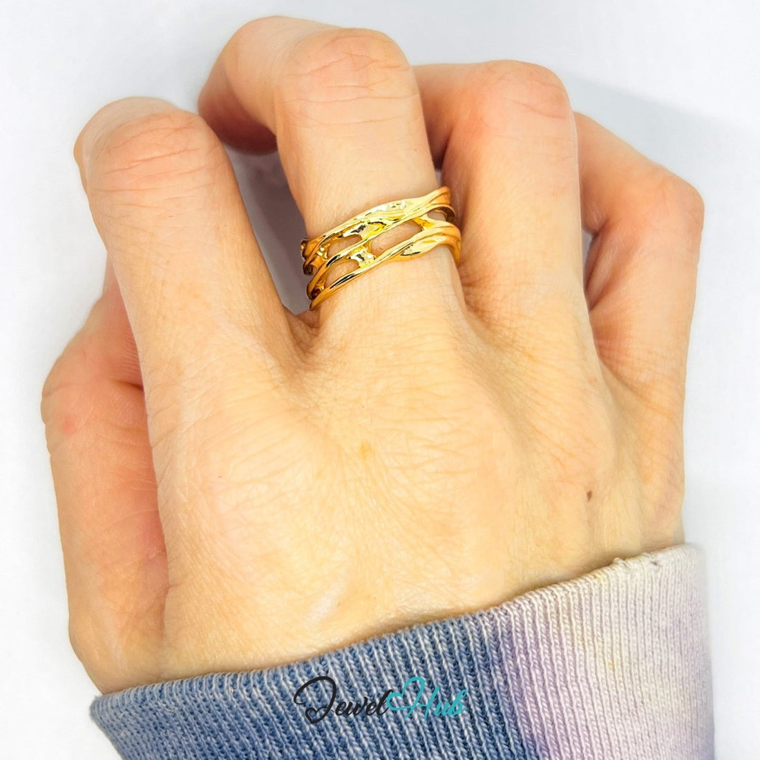 Zinc Alloy Ring Gold Triple Sculptural Band - UK N - P Gold Plated - JewelHub.co.uk