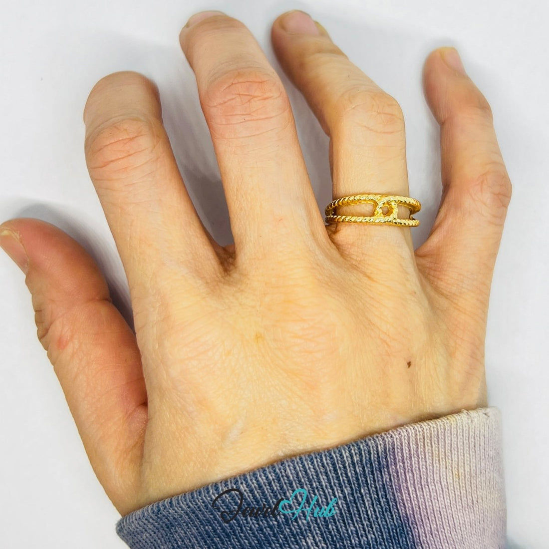 Zinc Alloy Ring Gold Twin Loop Rope Texture - UK L / US 6 Gold Plated - JewelHub.co.uk