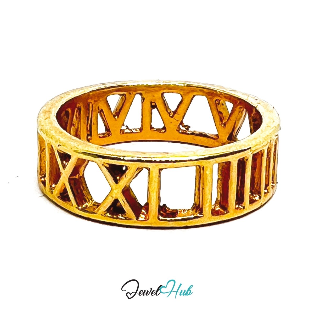 Zinc Alloy Ring Roman Numeral Cutout - UK M / US 6.5 Gold Plated - JewelHub.co.uk
