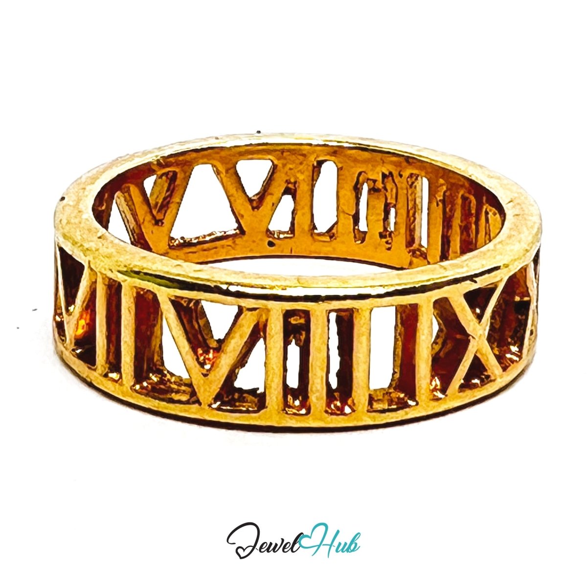 Zinc Alloy Ring Roman Numeral Cutout - UK M / US 6.5 Gold Plated - JewelHub.co.uk
