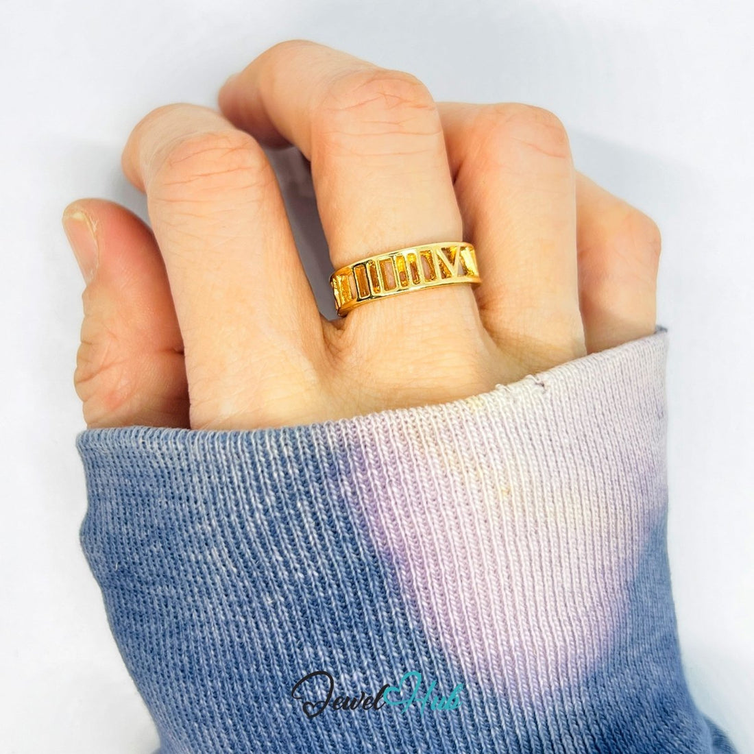 Zinc Alloy Ring Roman Numeral Cutout - UK M / US 6.5 Gold Plated - JewelHub.co.uk
