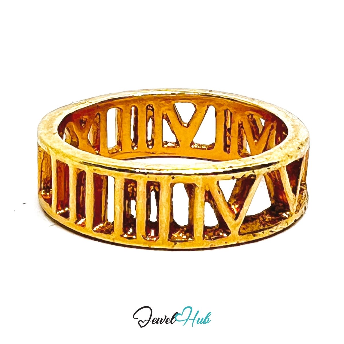 Zinc Alloy Ring Roman Numeral Cutout - UK M / US 6.5 Gold Plated - JewelHub.co.uk