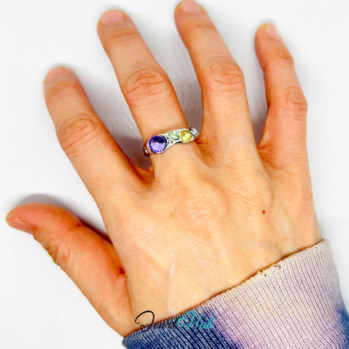 Zinc Alloy Silver‑Plated Crystal Cluster Ring – Purple, Green & Yellow - JewelHub.co.uk