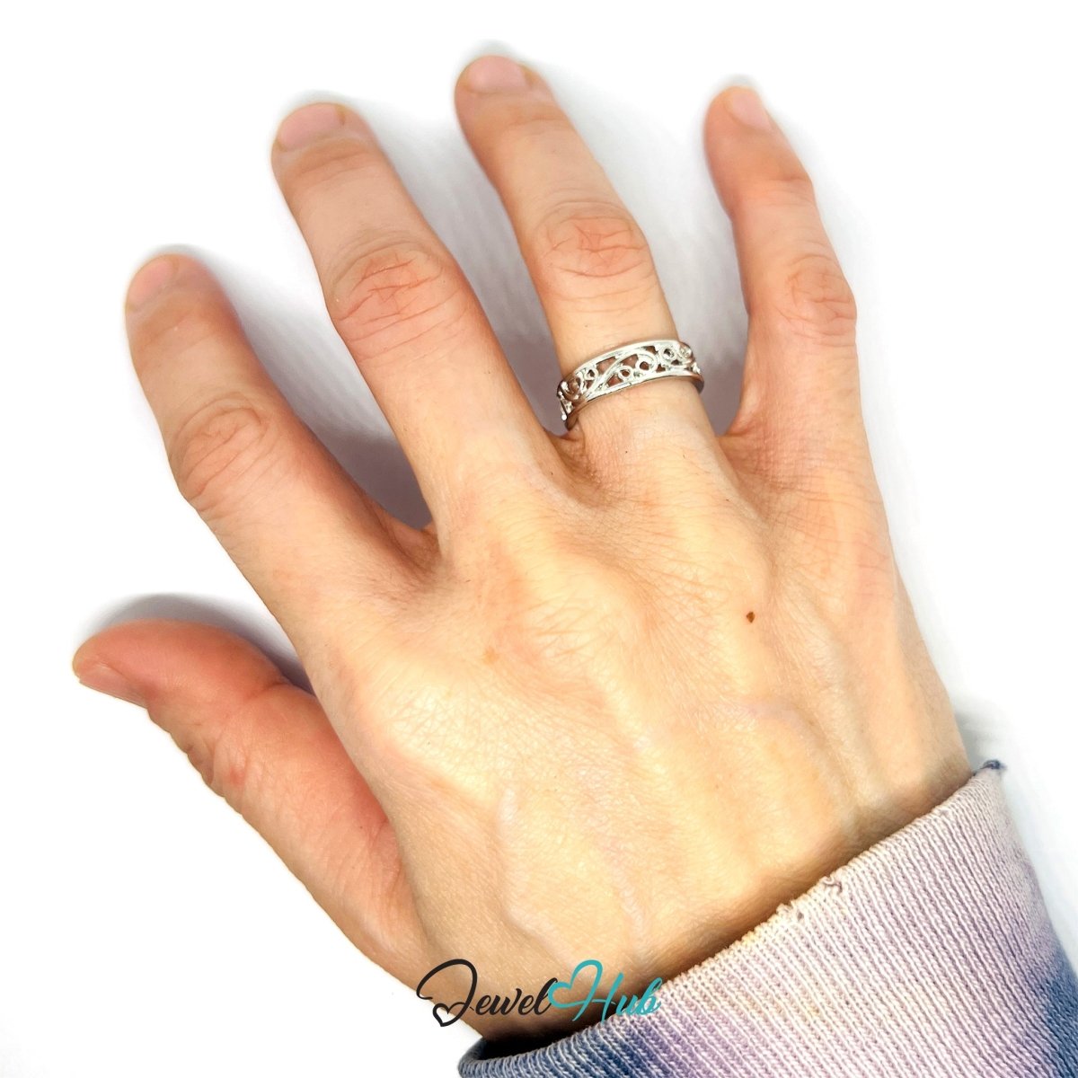 Zinc Alloy Silver‑Plated Filigree Vine Band Ring - JewelHub.co.uk