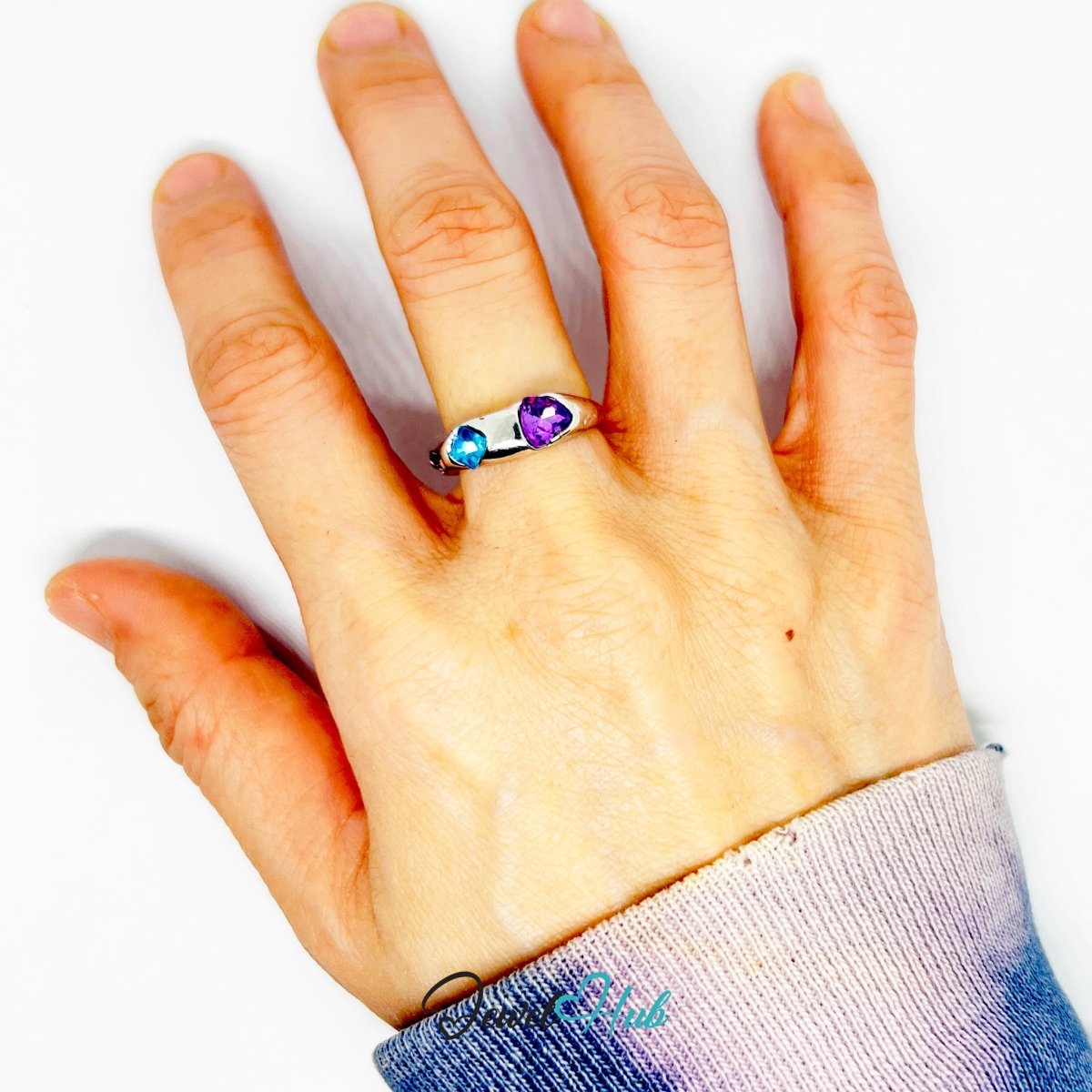Zinc Alloy Silver‑Plated Gem Band Ring – Pink Aqua Amethyst - JewelHub.co.uk