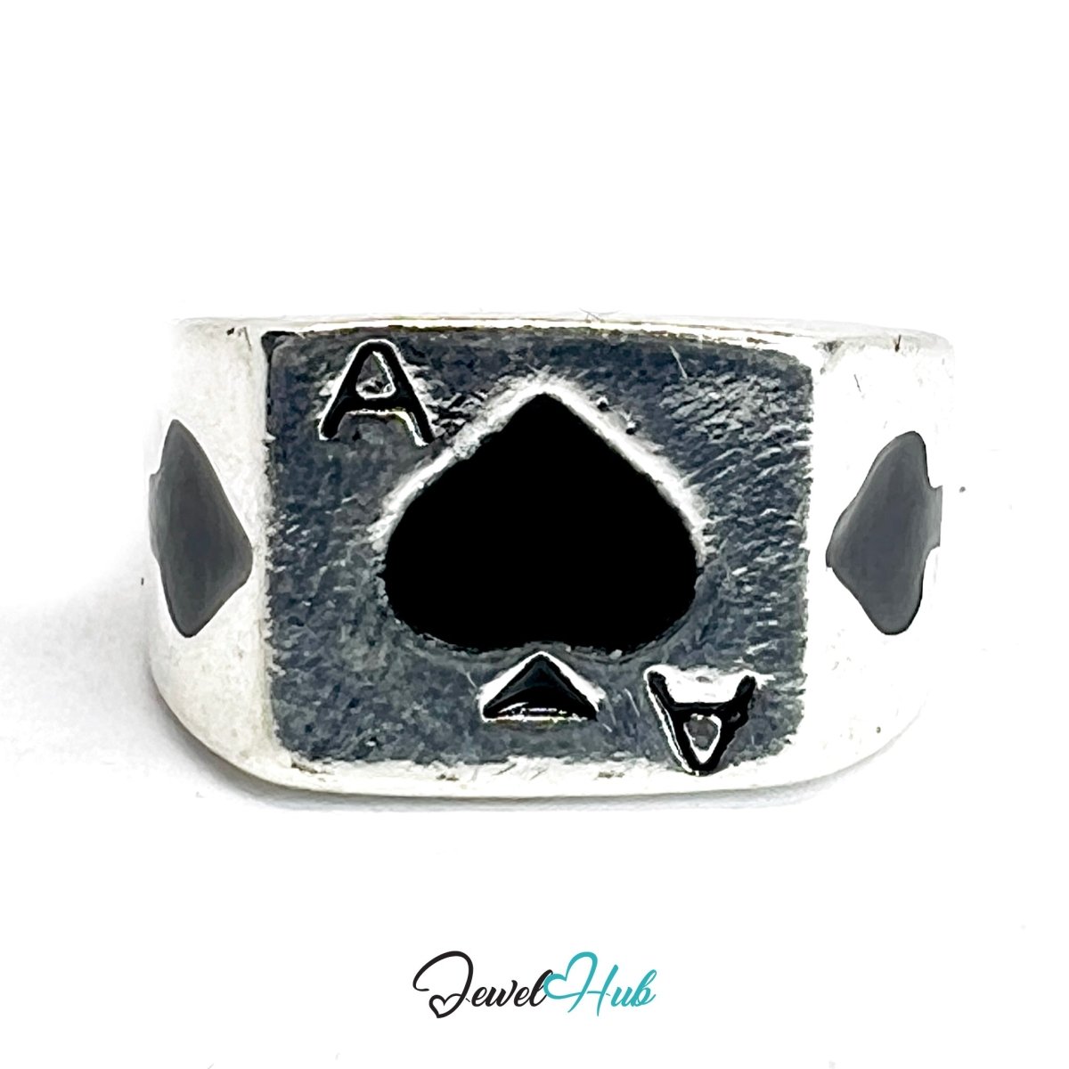 Zinc Alloy Silver‑Plated Punk Ring – Ace of Spades Compact Signet - JewelHub.co.uk