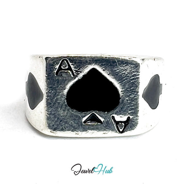 Zinc Alloy Silver‑Plated Punk Ring – Ace of Spades Compact Signet - JewelHub.co.uk
