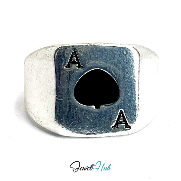 Zinc Alloy Silver‑Plated Punk Ring – Ace of Spades Tall Signet - JewelHub.co.uk