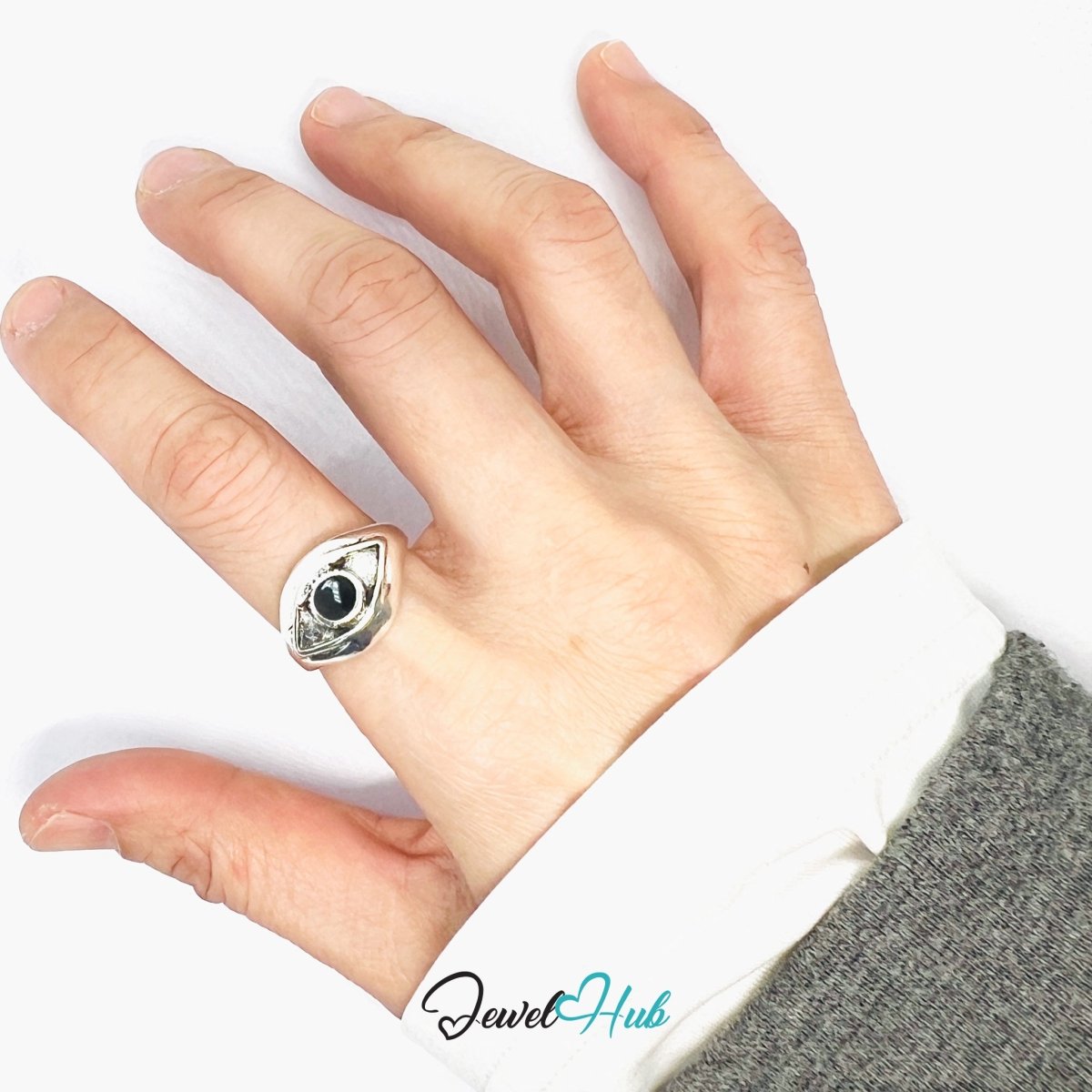 Zinc Alloy Silver‑Plated Punk Ring – All‑Seeing Eye Statement Signet - JewelHub.co.uk