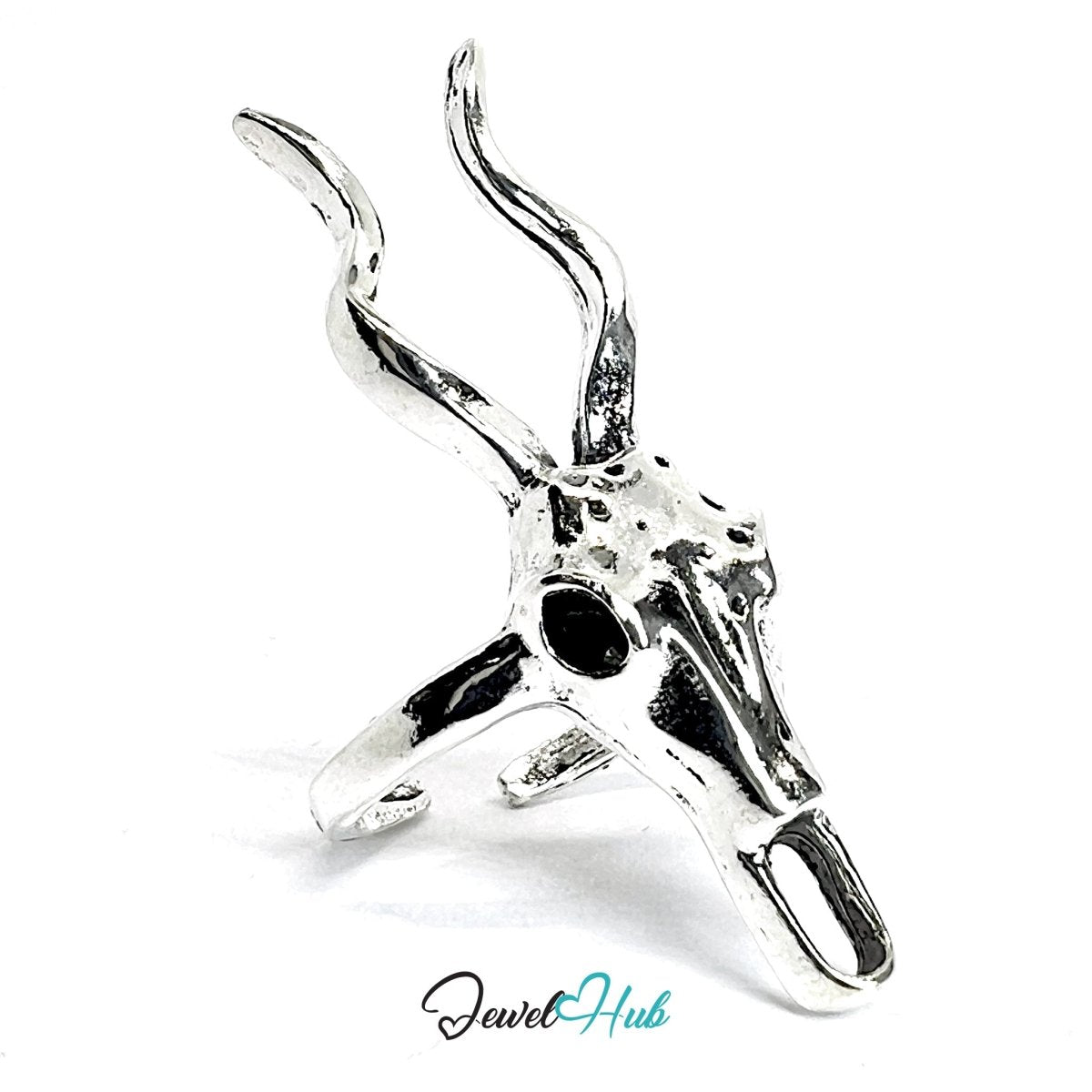 Zinc Alloy Silver‑Plated Punk Ring – Antelope Skull Horn Statement Cuff - JewelHub.co.uk