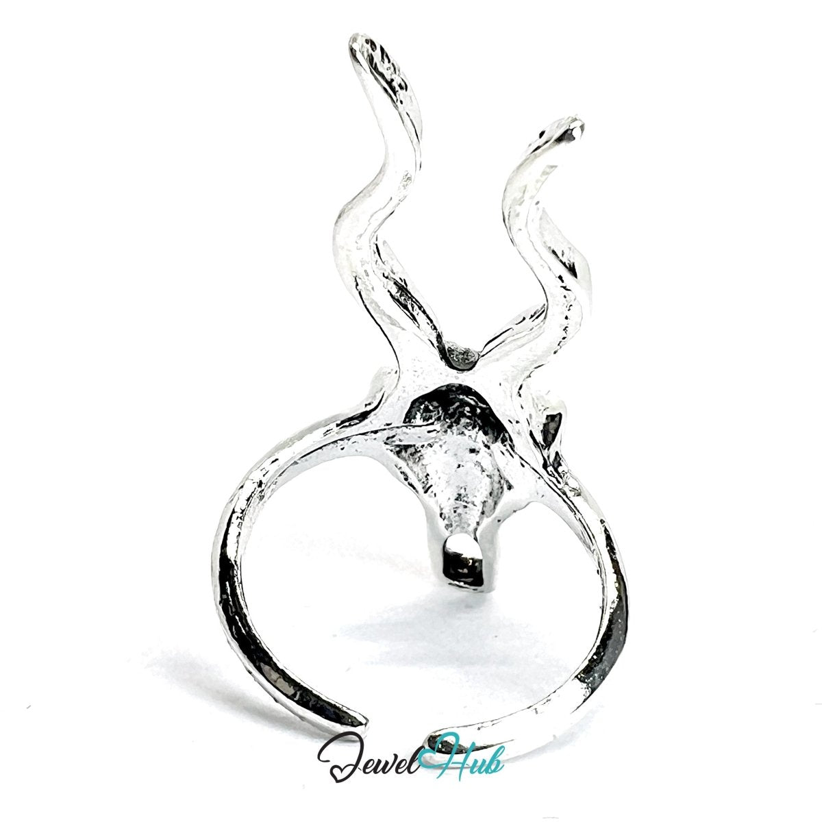 Zinc Alloy Silver‑Plated Punk Ring – Antelope Skull Horn Statement Cuff - JewelHub.co.uk