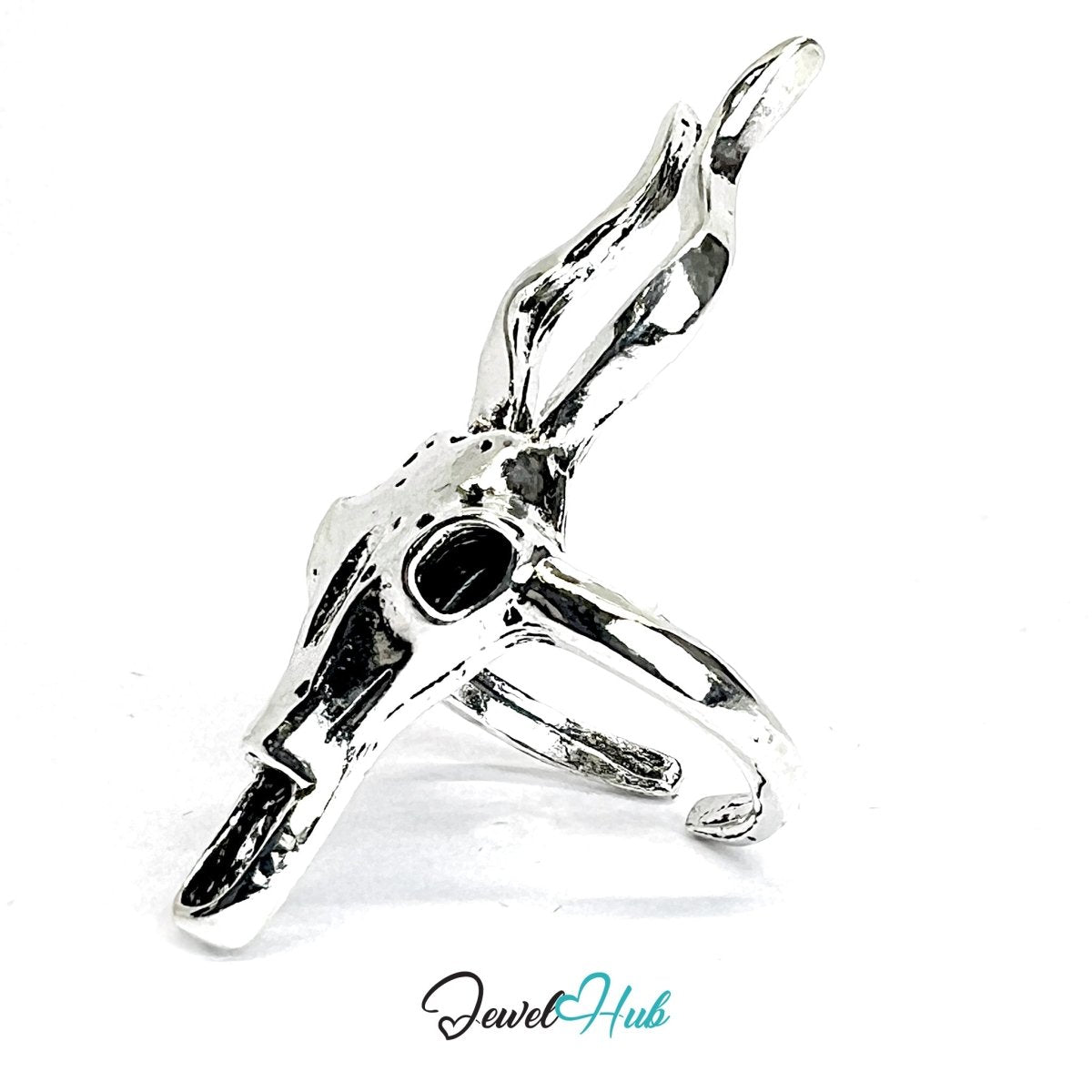 Zinc Alloy Silver‑Plated Punk Ring – Antelope Skull Horn Statement Cuff - JewelHub.co.uk