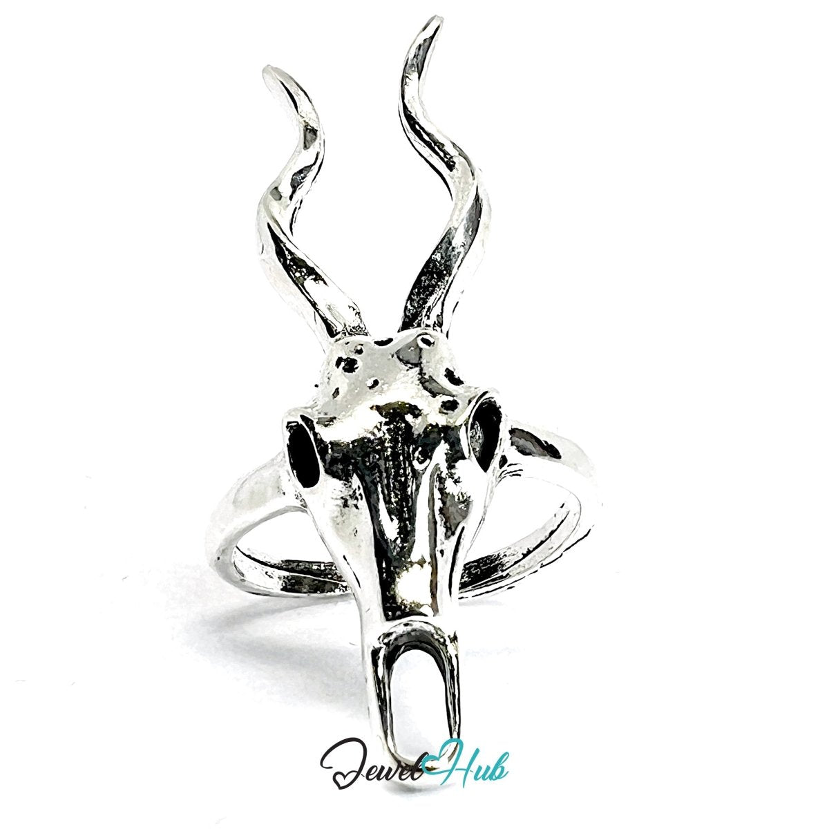 Zinc Alloy Silver‑Plated Punk Ring – Antelope Skull Horn Statement Cuff - JewelHub.co.uk