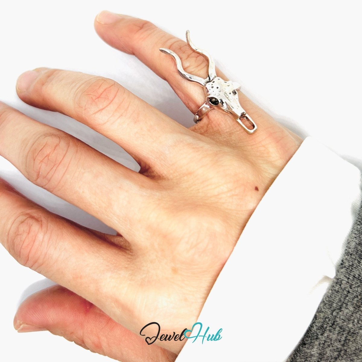 Zinc Alloy Silver‑Plated Punk Ring – Antelope Skull Horn Statement Cuff - JewelHub.co.uk