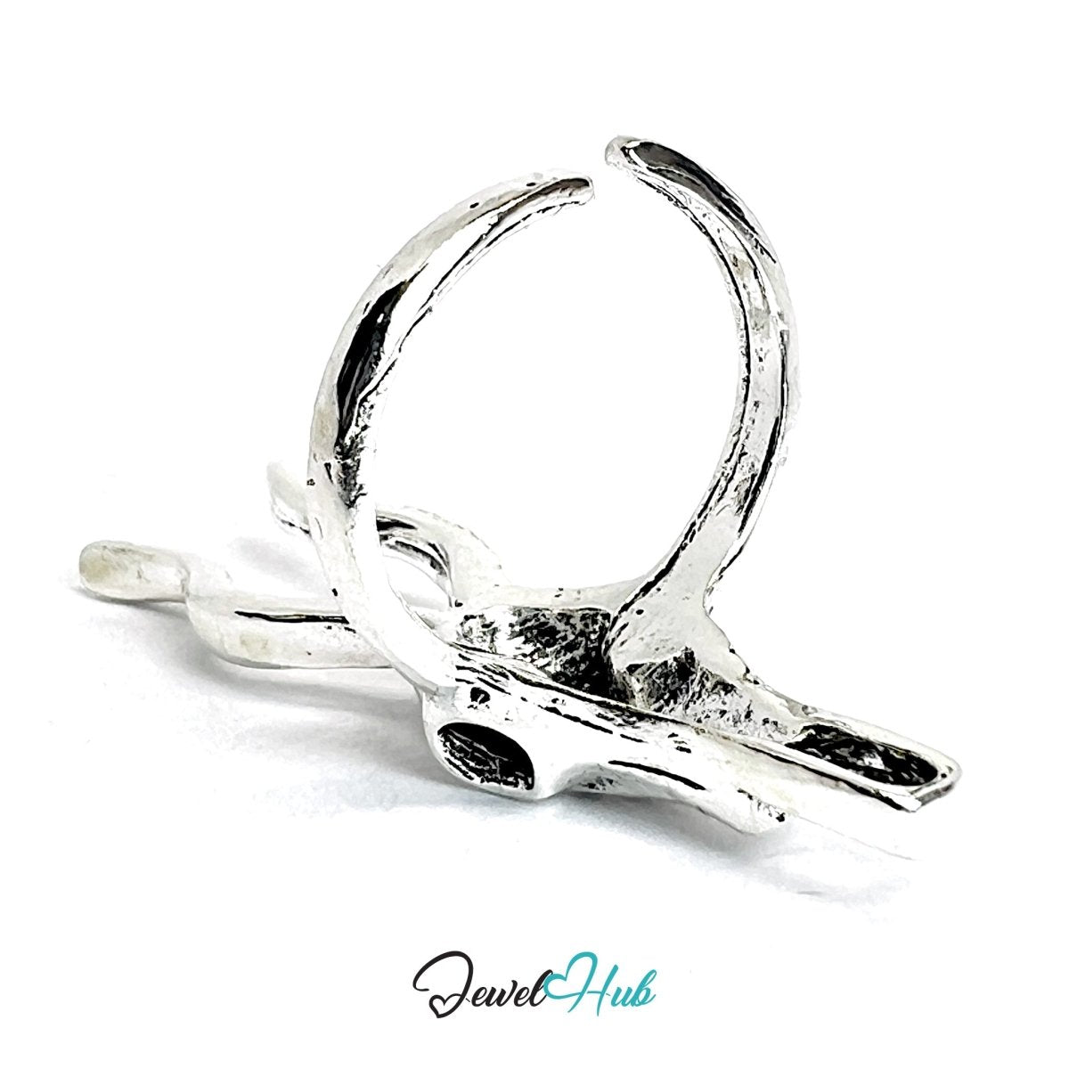 Zinc Alloy Silver‑Plated Punk Ring – Antelope Skull Horn Statement Cuff - JewelHub.co.uk