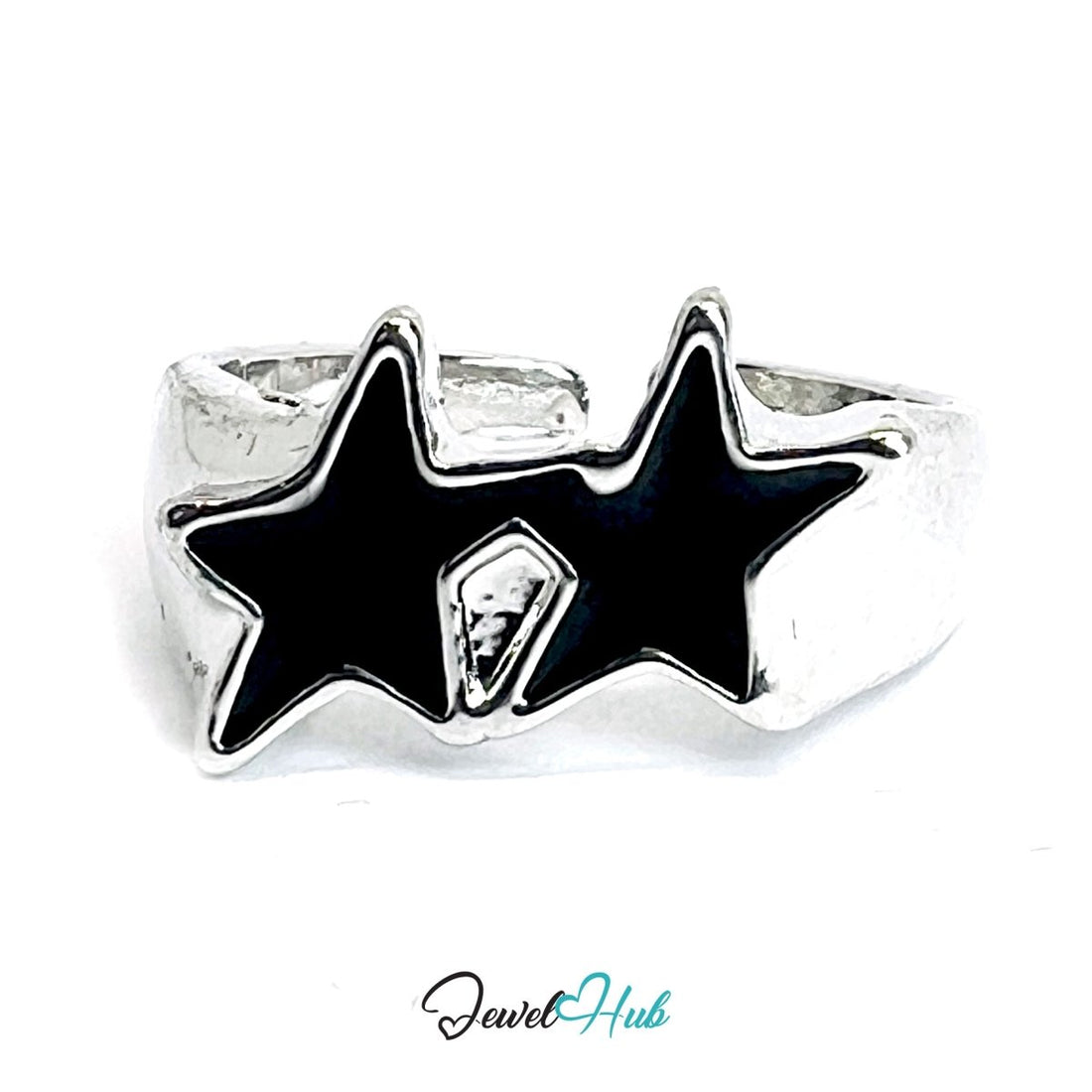 Zinc Alloy Silver‑Plated Punk Ring – Black Star Open Cuff Band - JewelHub.co.uk