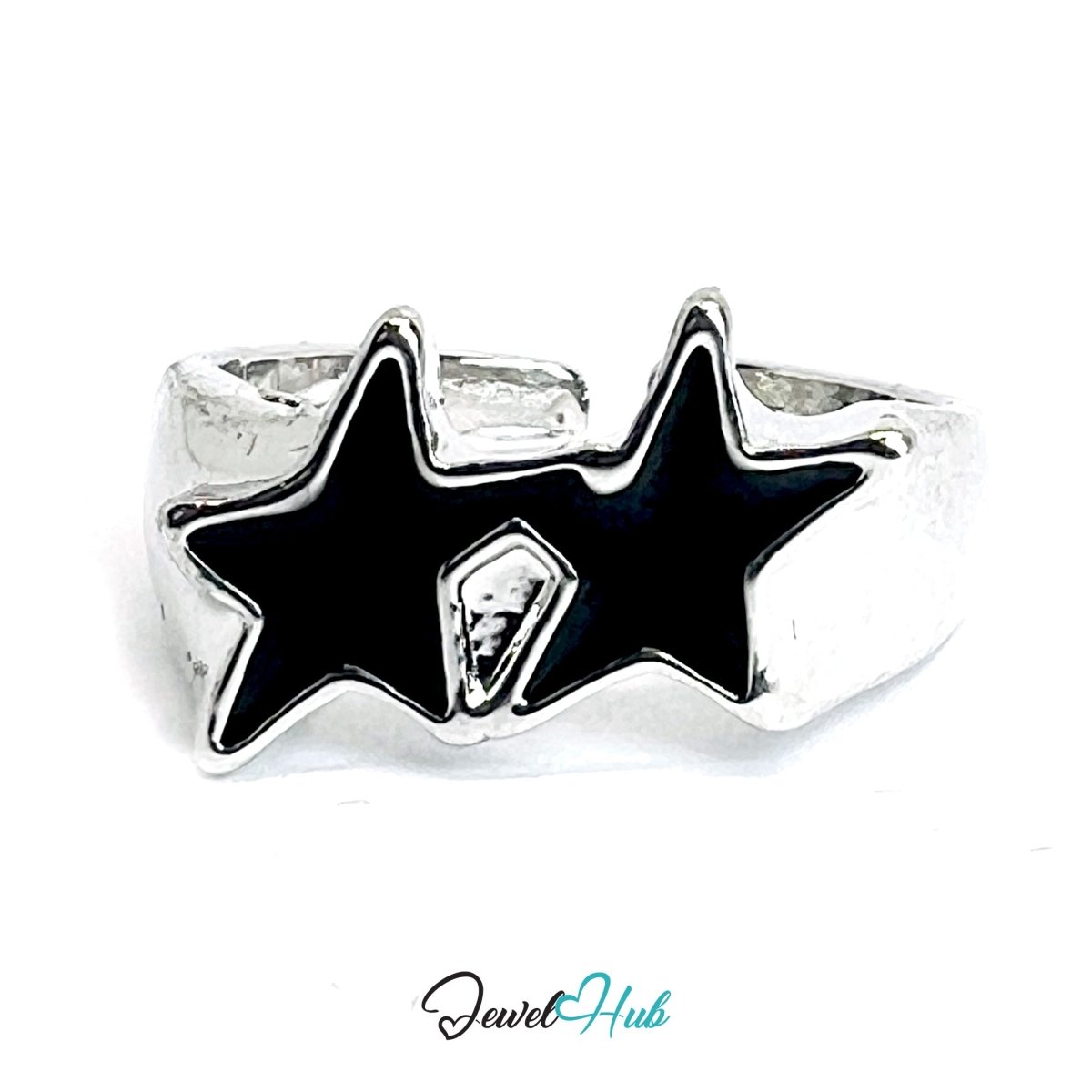 Zinc Alloy Silver‑Plated Punk Ring – Black Star Open Cuff Band - JewelHub.co.uk