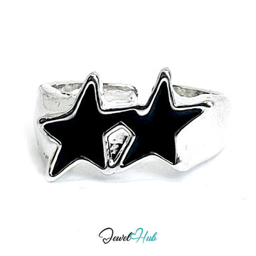 Zinc Alloy Silver‑Plated Punk Ring – Black Star Open Cuff Band - JewelHub.co.uk