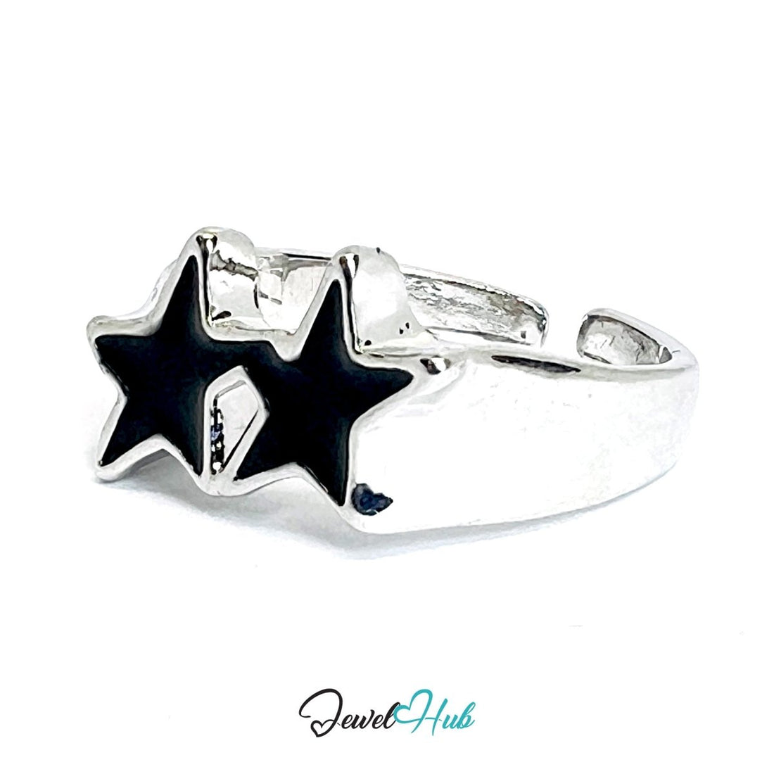 Zinc Alloy Silver‑Plated Punk Ring – Black Star Open Cuff Band - JewelHub.co.uk