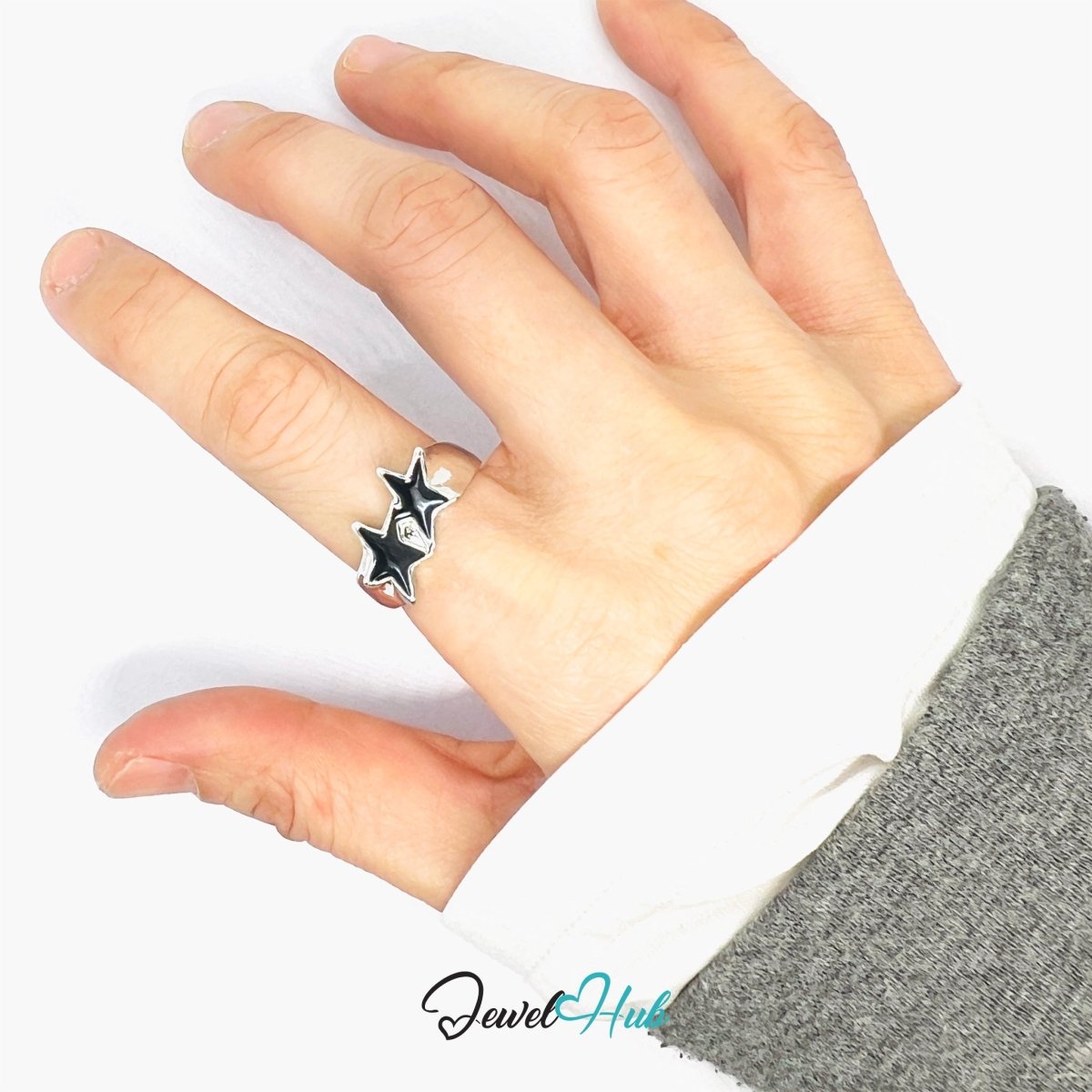 Zinc Alloy Silver‑Plated Punk Ring – Black Star Open Cuff Band - JewelHub.co.uk