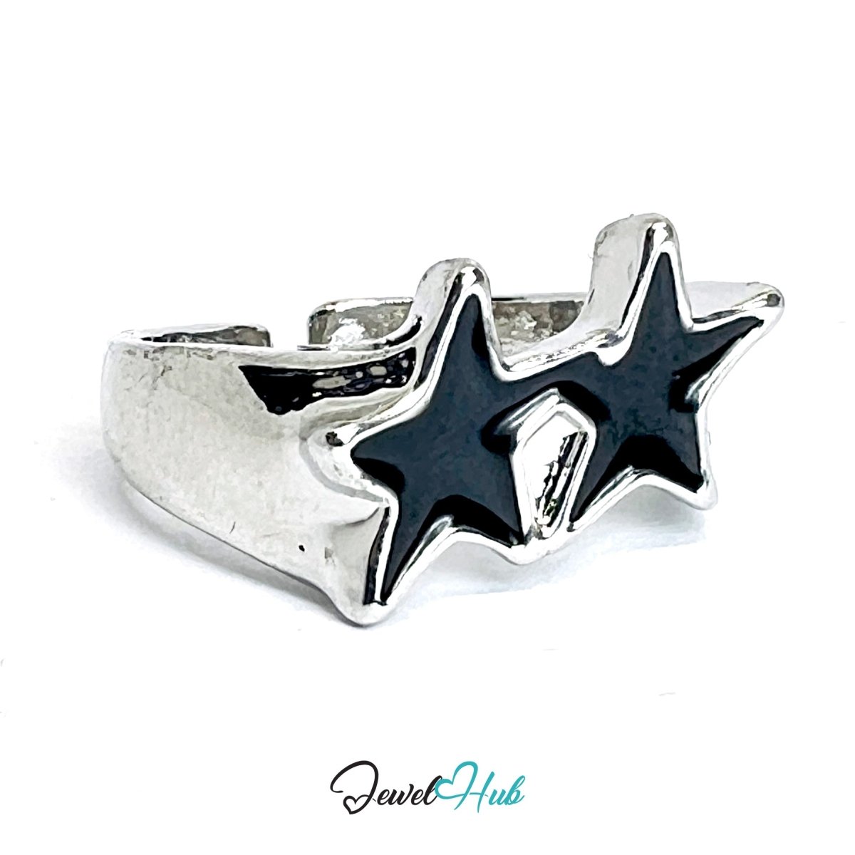 Zinc Alloy Silver‑Plated Punk Ring – Black Star Open Cuff Band - JewelHub.co.uk