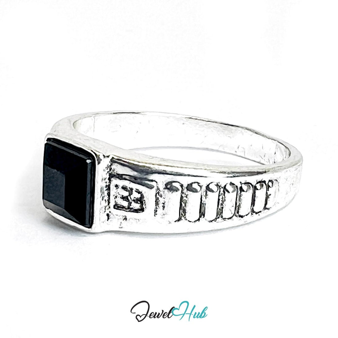Zinc Alloy Silver‑Plated Punk Ring – Black Stone Industrial Signet - JewelHub.co.uk
