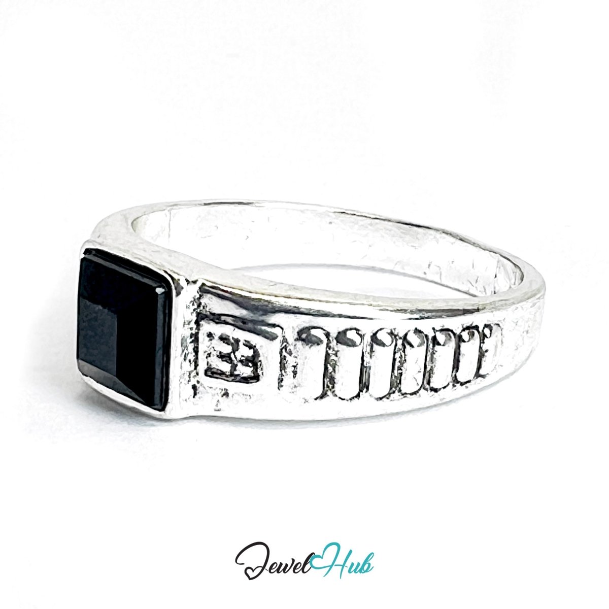 Zinc Alloy Silver‑Plated Punk Ring – Black Stone Industrial Signet - JewelHub.co.uk