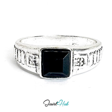 Zinc Alloy Silver‑Plated Punk Ring – Black Stone Industrial Signet - JewelHub.co.uk