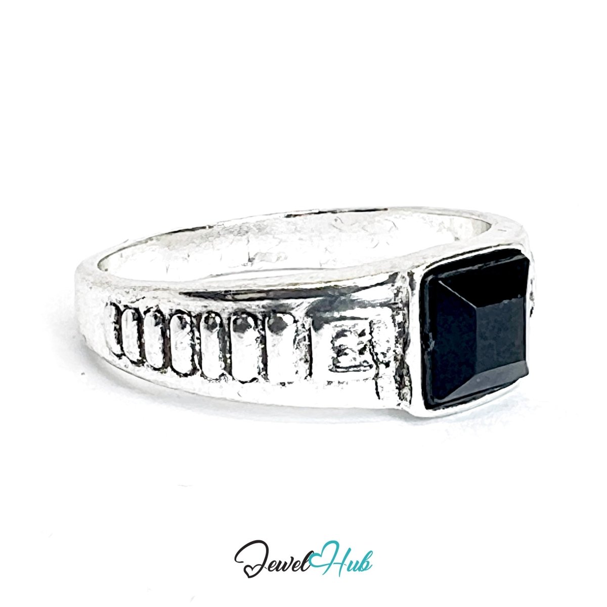 Zinc Alloy Silver‑Plated Punk Ring – Black Stone Industrial Signet - JewelHub.co.uk