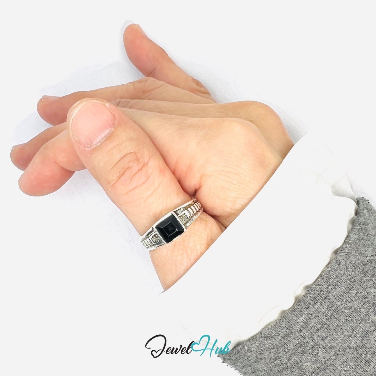 Zinc Alloy Silver‑Plated Punk Ring – Black Stone Industrial Signet - JewelHub.co.uk