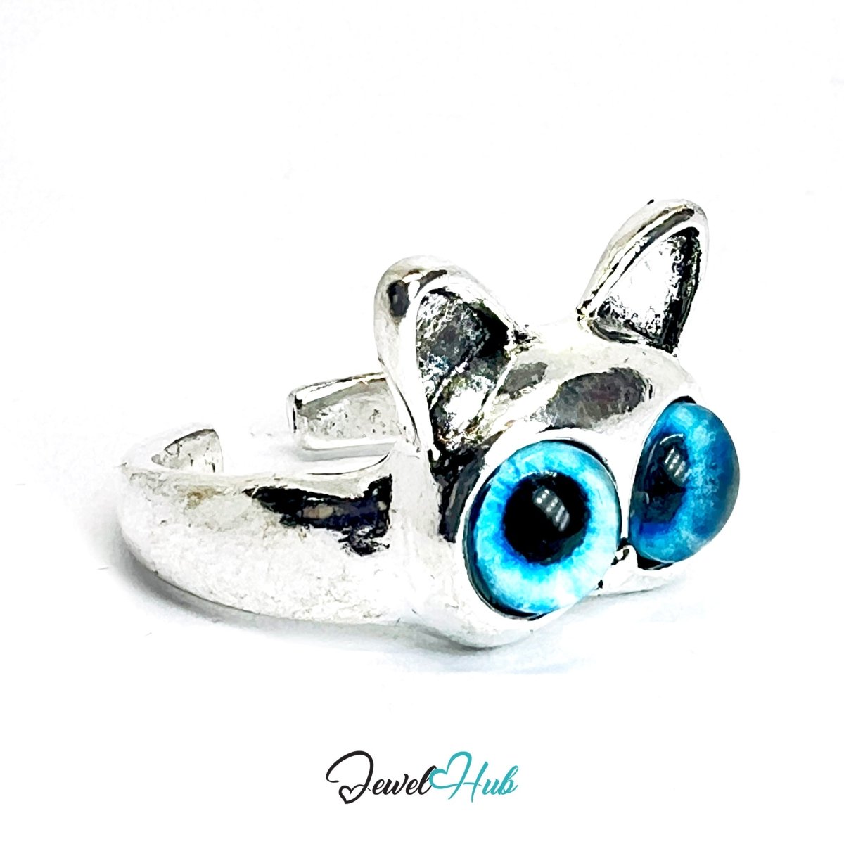 Zinc Alloy Silver‑Plated Punk Ring – Blue - Eyed Cat Face Open Cuff - JewelHub.co.uk