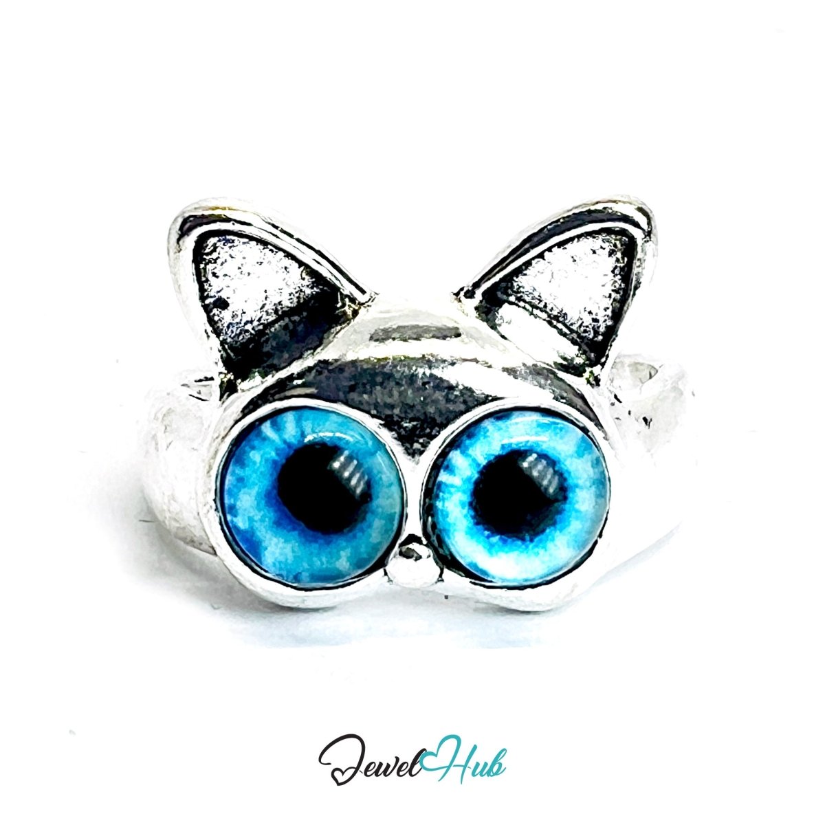 Zinc Alloy Silver‑Plated Punk Ring – Blue - Eyed Cat Face Open Cuff - JewelHub.co.uk