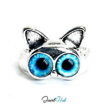 Zinc Alloy Silver‑Plated Punk Ring – Blue - Eyed Cat Face Open Cuff - JewelHub.co.uk