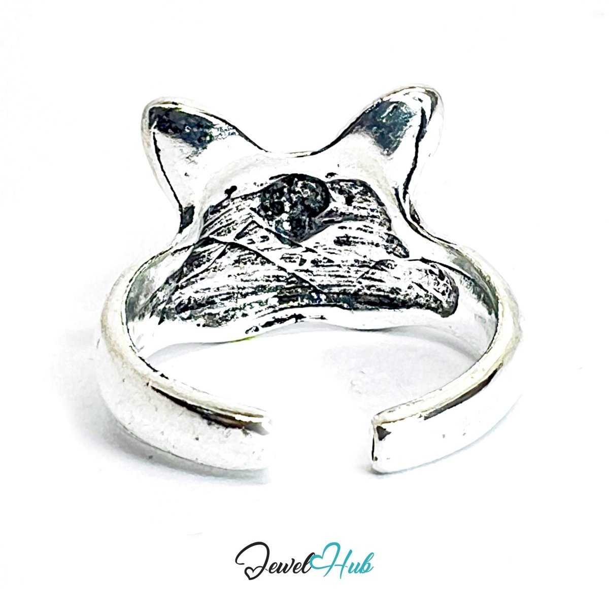 Zinc Alloy Silver‑Plated Punk Ring – Blue - Eyed Cat Face Open Cuff - JewelHub.co.uk