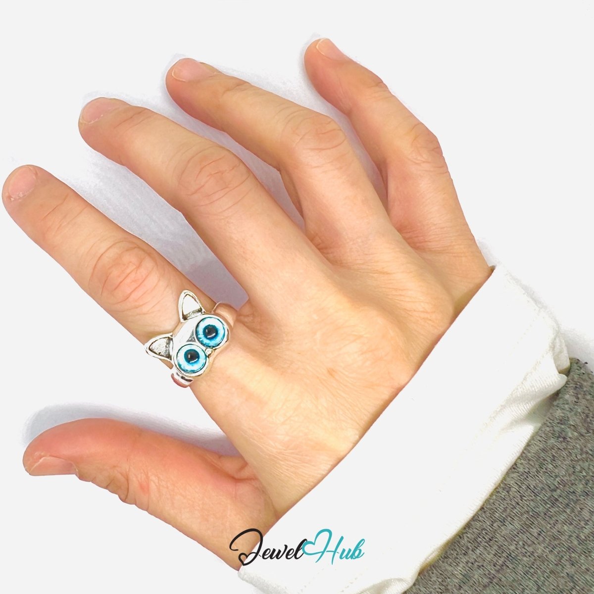 Zinc Alloy Silver‑Plated Punk Ring – Blue - Eyed Cat Face Open Cuff - JewelHub.co.uk