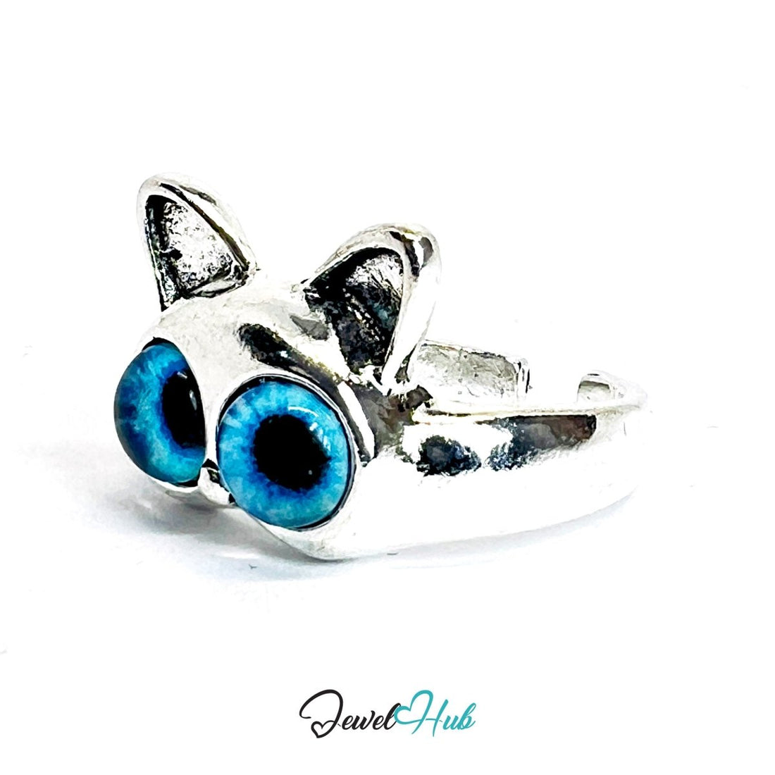 Zinc Alloy Silver‑Plated Punk Ring – Blue - Eyed Cat Face Open Cuff - JewelHub.co.uk