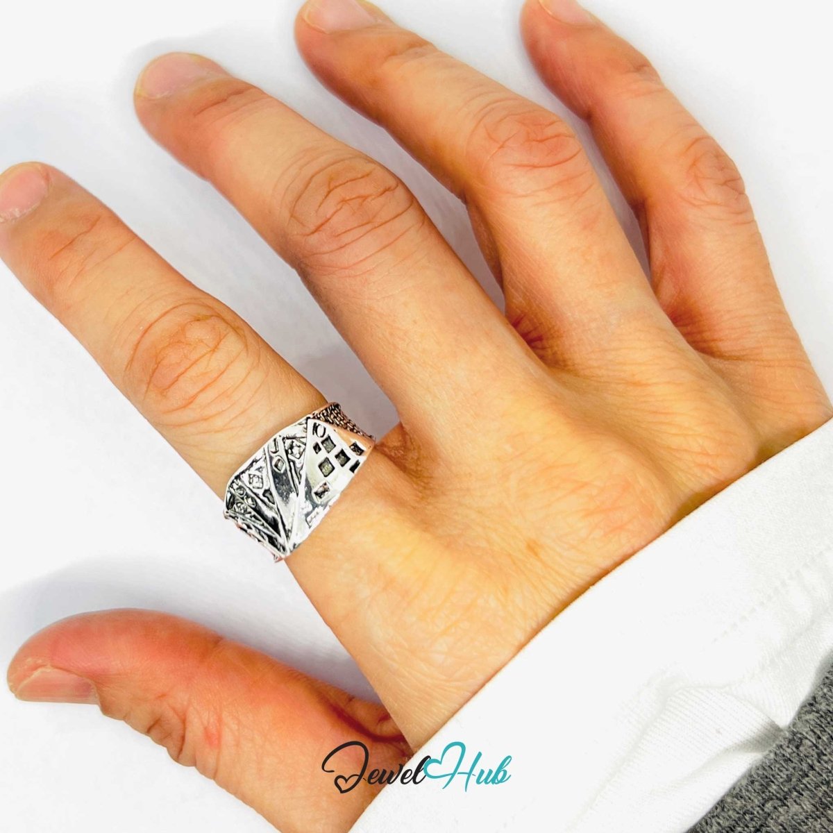 Zinc Alloy Silver‑Plated Punk Ring – Card Symbol of Risk & Rebellion - JewelHub.co.uk
