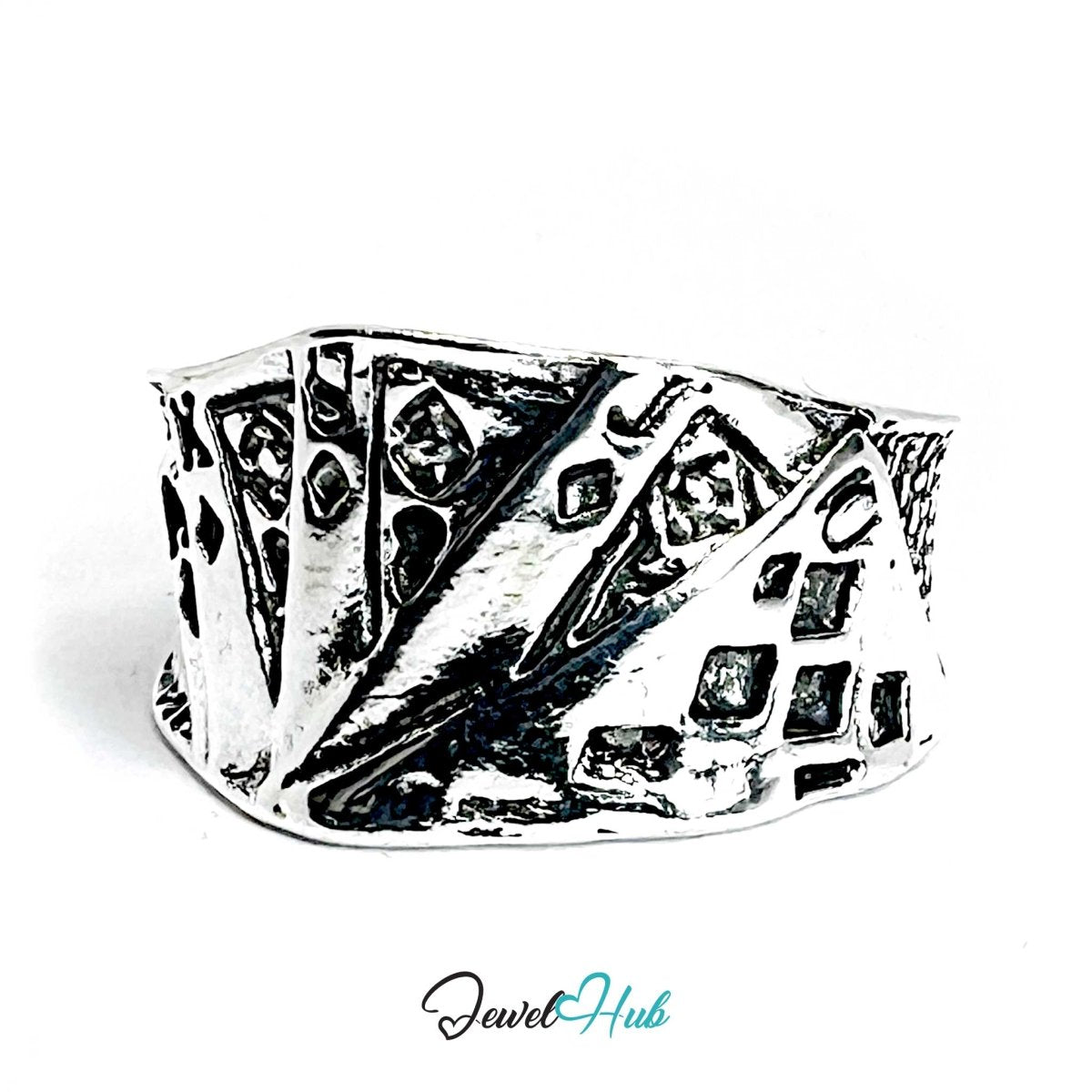 Zinc Alloy Silver‑Plated Punk Ring – Card Symbol of Risk & Rebellion - JewelHub.co.uk
