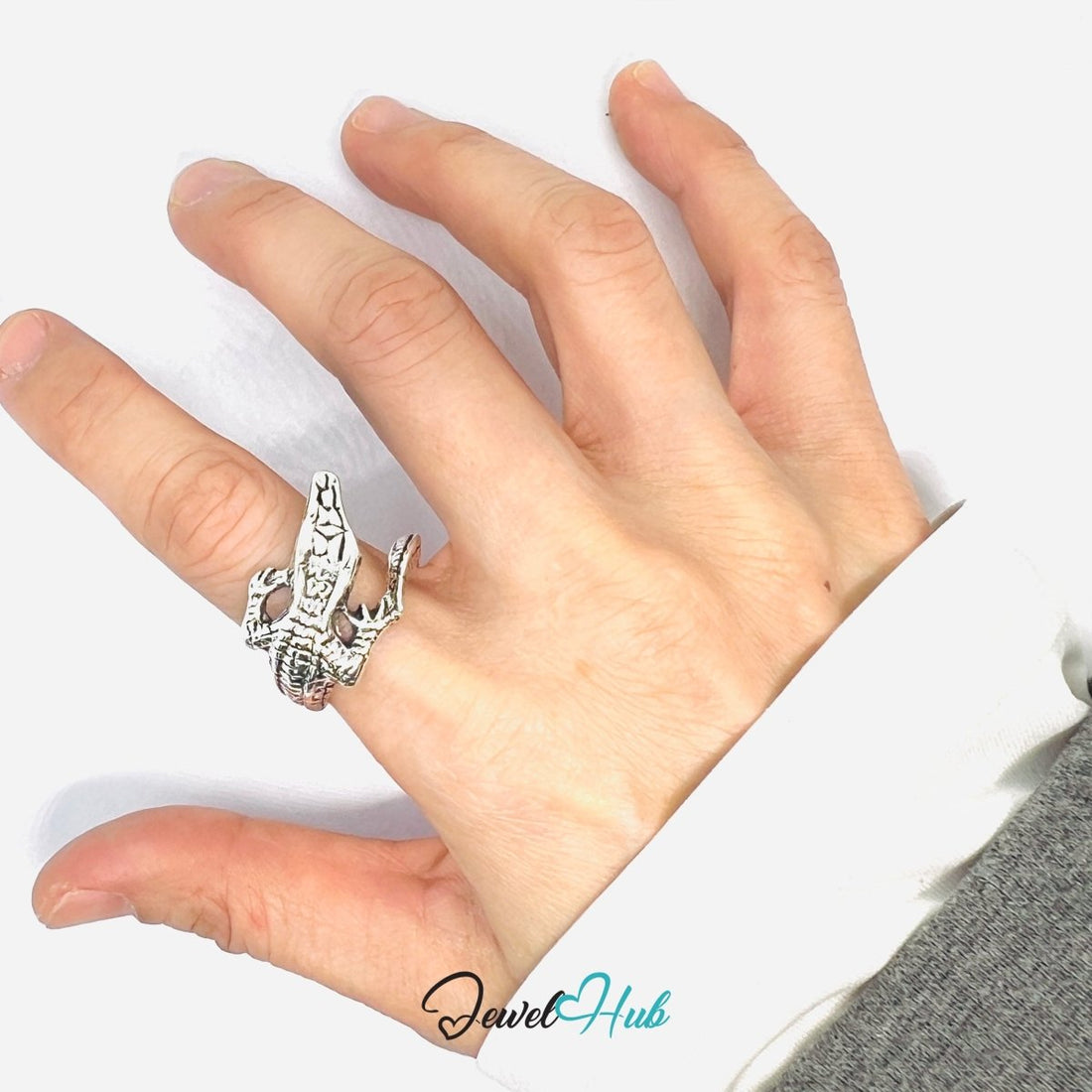 Zinc Alloy Silver‑Plated Punk Ring – Crocodile Skull Jaw Oversized Cuff - JewelHub.co.uk