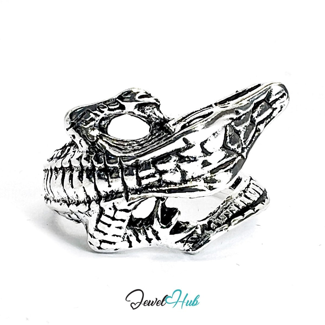 Zinc Alloy Silver‑Plated Punk Ring – Crocodile Skull Jaw Oversized Cuff - JewelHub.co.uk