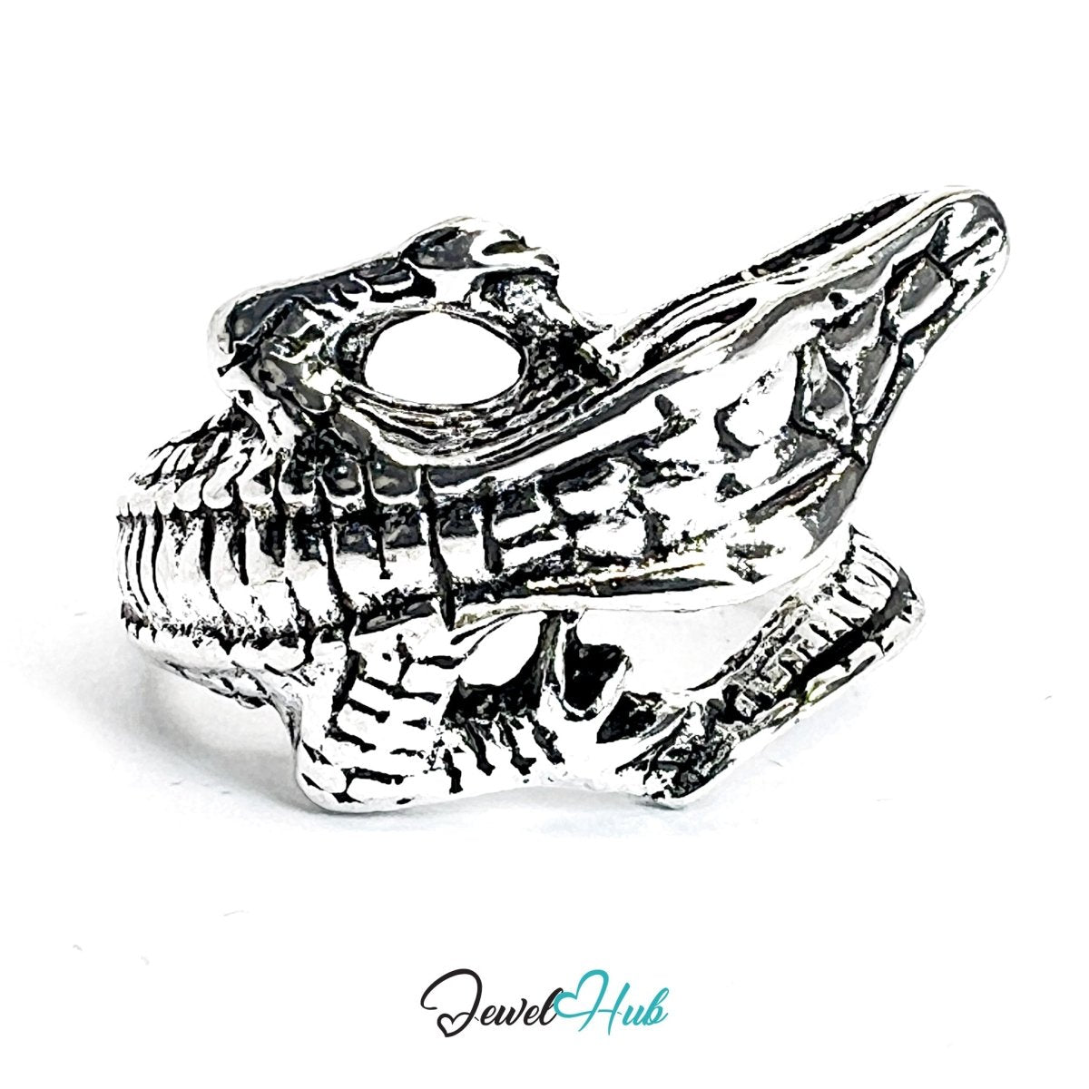 Zinc Alloy Silver‑Plated Punk Ring – Crocodile Skull Jaw Oversized Cuff - JewelHub.co.uk