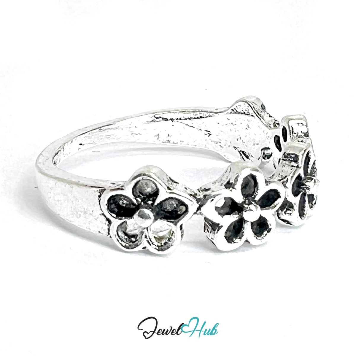 Zinc Alloy Silver‑Plated Punk Ring – Dark Bloom Flower Band - JewelHub.co.uk