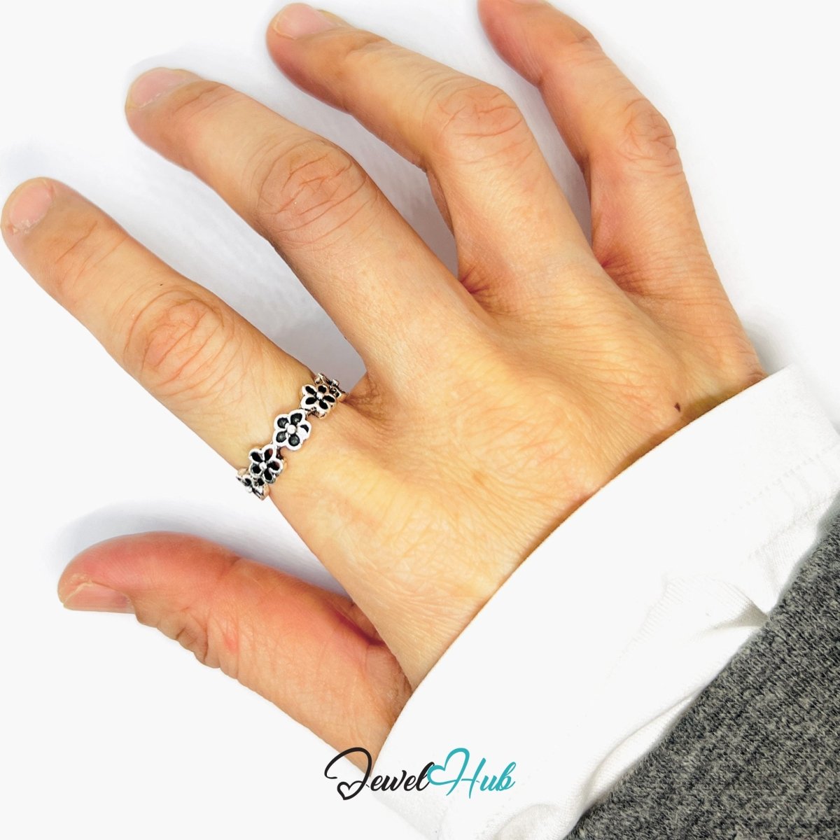 Zinc Alloy Silver‑Plated Punk Ring – Dark Bloom Flower Band - JewelHub.co.uk