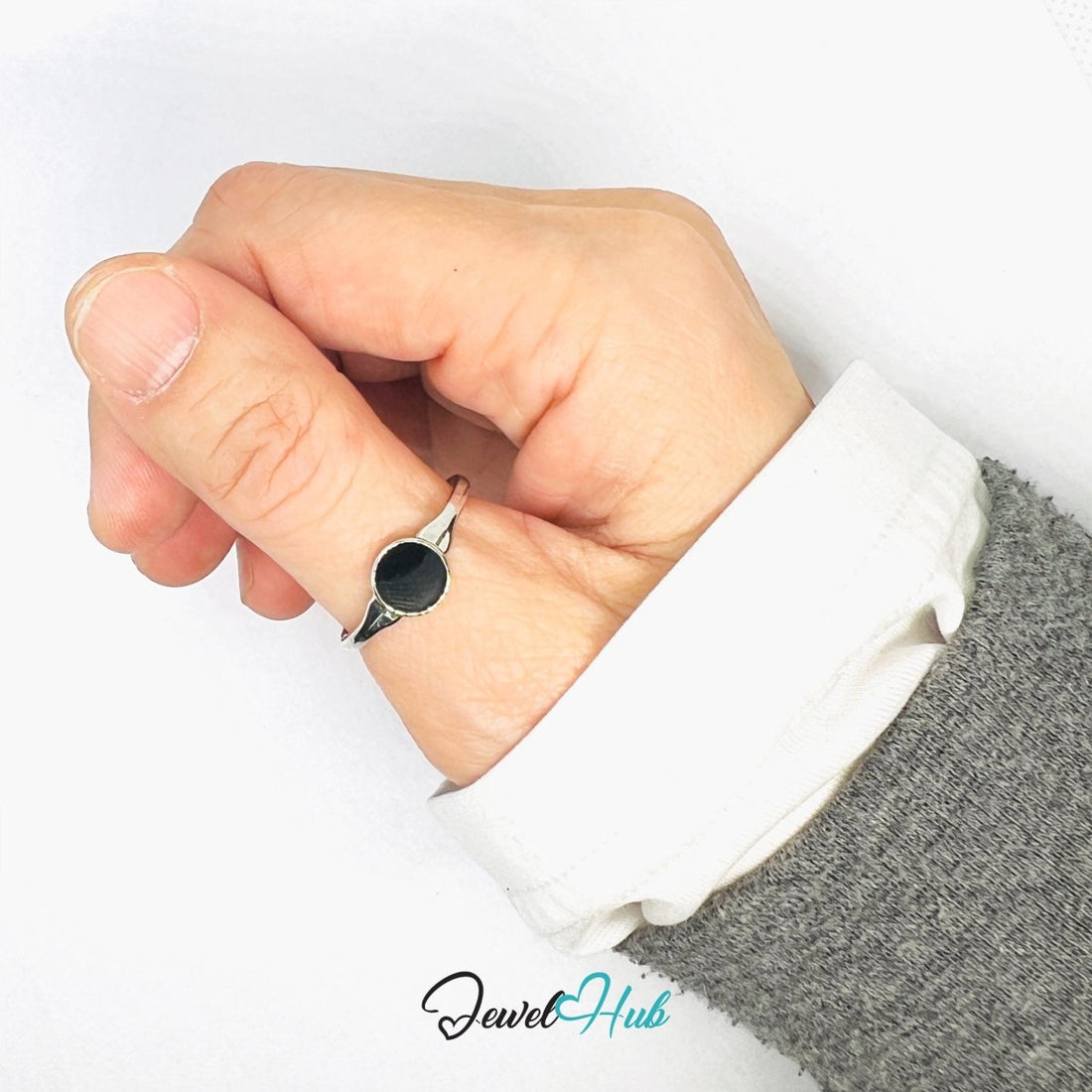 Zinc Alloy Silver‑Plated Punk Ring – Dark Mystical Stone Signet Band - JewelHub.co.uk