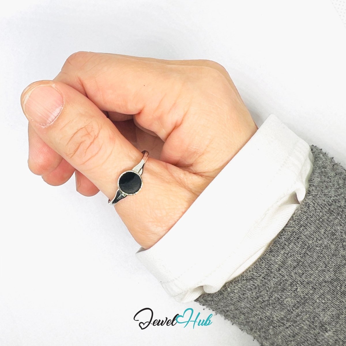 Zinc Alloy Silver‑Plated Punk Ring – Dark Mystical Stone Signet Band - JewelHub.co.uk